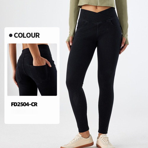 OEM & ODM Women's High Waist Cross Waist Yoga Jeans - FD2504-CR | High Stretch Butt Lifting Fitness Pants for Activewear, Wholesale Sourcing Agents