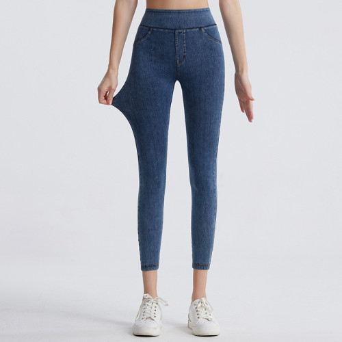 OEM & ODM Women's High Waist Faux Denim Leggings FSLS2082-L - Butt Lifting Elastic Fitness Pants with Pockets for Wholesale and Sourcing Agents