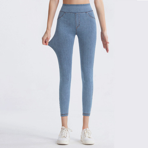 OEM & ODM Women's High Waist Faux Denim Leggings FSLS2082-L - Butt Lifting Elastic Fitness Pants with Pockets for Wholesale and Sourcing Agents