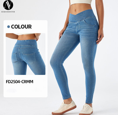 FD2504-CRMM Women's High Waist Cross Waist Whisker Yoga Jeans - OEM, ODM Manufacturer for Activewear & Sportswear | Wholesale Fitness Pants & Sourcing Agents