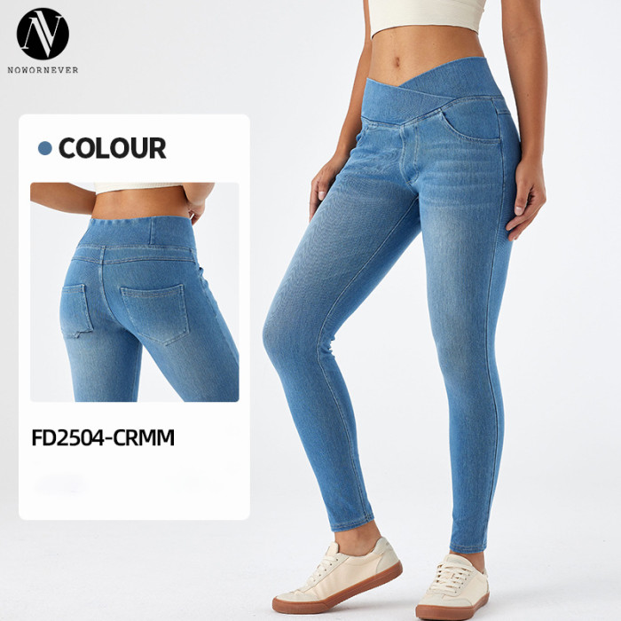 FD2504-CRMM Women's High Waist Cross Waist Whisker Yoga Jeans - OEM, ODM Manufacturer for Activewear & Sportswear | Wholesale Fitness Pants & Sourcing Agents