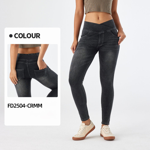 FD2504-CRMM Women's High Waist Cross Waist Whisker Yoga Jeans - OEM, ODM Manufacturer for Activewear & Sportswear | Wholesale Fitness Pants & Sourcing Agents
