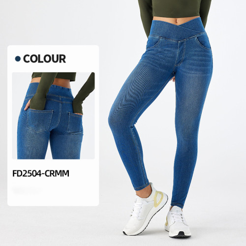 FD2504-CRMM Women's High Waist Cross Waist Whisker Yoga Jeans - OEM, ODM Manufacturer for Activewear & Sportswear | Wholesale Fitness Pants & Sourcing Agents