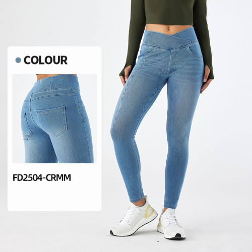 FD2504-CRMM Women's High Waist Cross Waist Whisker Yoga Jeans - OEM, ODM Manufacturer for Activewear & Sportswear | Wholesale Fitness Pants & Sourcing Agents