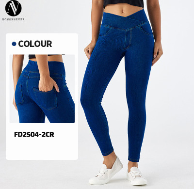 FD2504-2CR Women's Cross Waist Skinny Jeans High Waist Stretch Butt Lifting Fitness Pants with Pockets