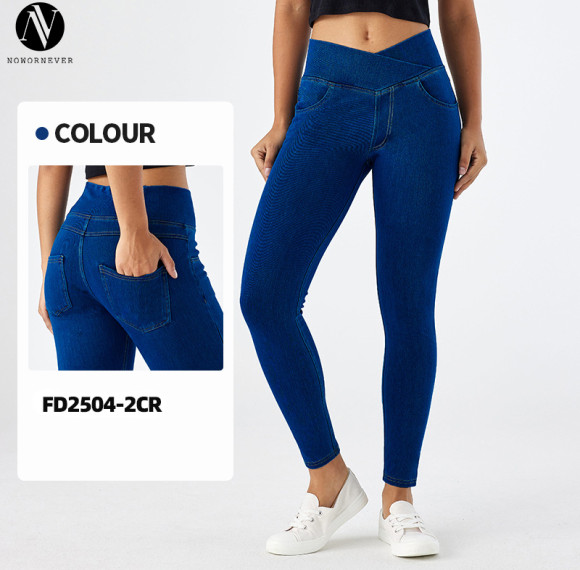 FD2504-2CR Women's Cross Waist Skinny Jeans High Waist Stretch Butt Lifting Fitness Pants with Pockets
