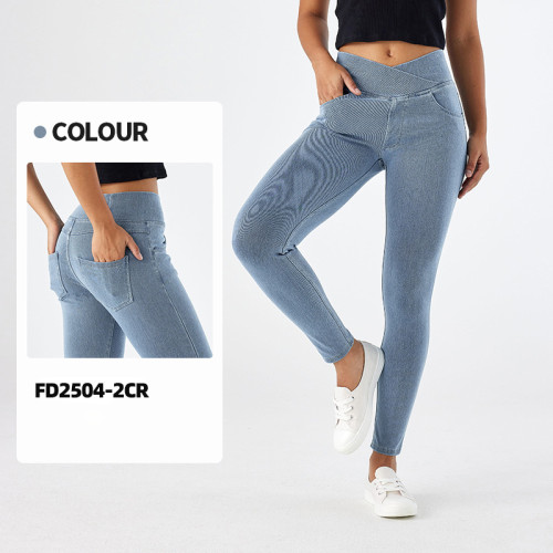 FD2504-2CR Women's Cross Waist Skinny Jeans High Waist Stretch Butt Lifting Fitness Pants with Pockets
