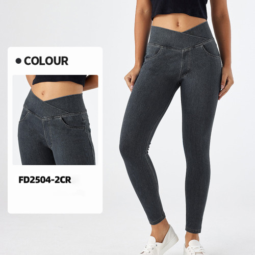 FD2504-2CR Women's Cross Waist Skinny Jeans High Waist Stretch Butt Lifting Fitness Pants with Pockets