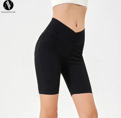 FSLS2167-S Women's Cross Waist Denim Biker Shorts High Waist Stretch Workout 5 Inch Cycling Shorts with Pockets