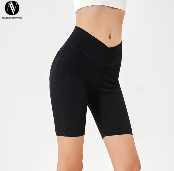 FSLS2167-S Women's Cross Waist Denim Biker Shorts High Waist Stretch Workout 5 Inch Cycling Shorts with Pockets