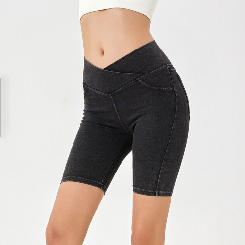 FSLS2167-S Women's Cross Waist Denim Biker Shorts High Waist Stretch Workout 5 Inch Cycling Shorts with Pockets