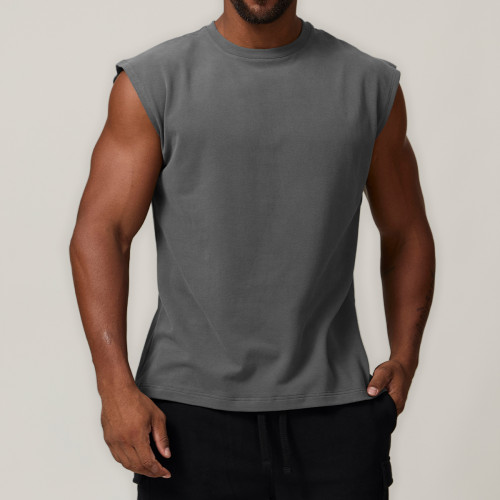 Cross-Border European & American Men's Cotton Sports Casual Sleeveless T-Shirt Solid Color Running Fitness Basketball Tennis Top 1027