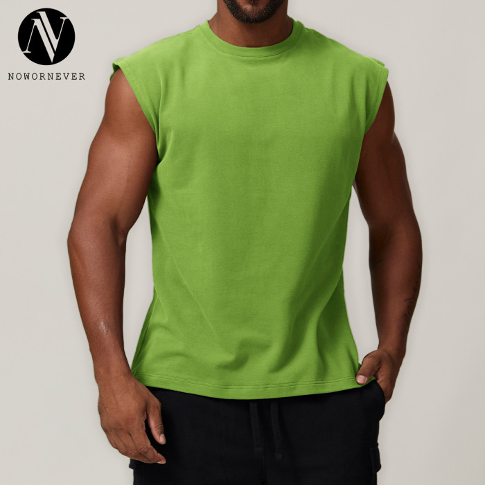 Cross-Border European & American Men's Cotton Sports Casual Sleeveless T-Shirt Solid Color Running Fitness Basketball Tennis Top 1027