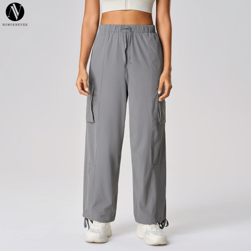 D25087 Women's Loose Straight Leg Parachute Pants, Drawstring Waist Jogger Style Cargo Trousers for Running & Fitness
