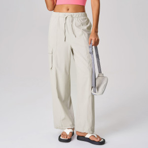 D25087 Women's Loose Straight Leg Parachute Pants, Drawstring Waist Jogger Style Cargo Trousers for Running & Fitness