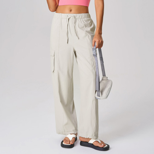 D25087 Women's Loose Straight Leg Parachute Pants, Drawstring Waist Jogger Style Cargo Trousers for Running & Fitness