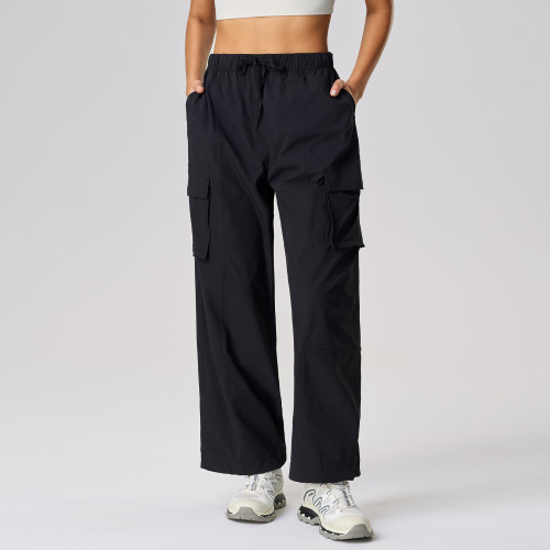 D25087 Women's Loose Straight Leg Parachute Pants, Drawstring Waist Jogger Style Cargo Trousers for Running & Fitness