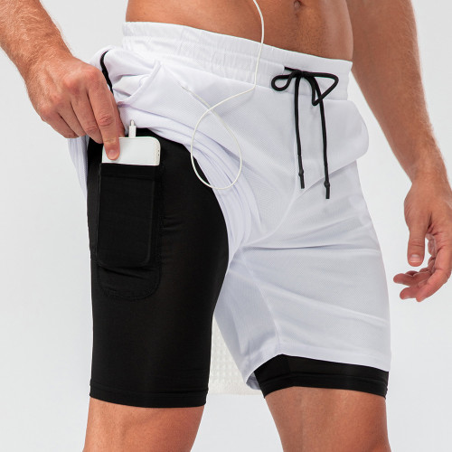 Men's Double Layer Fitness Shorts OEM/ODM/Wholesale Supplier | Quick-Dry Running Sports Pants Manufacturer with Earphone Hole for Brands & Importers | Custom ProductionD13014