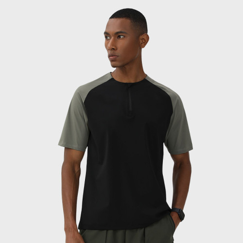 Unisex Quick-Dry Outdoor Sports T-Shirt OEM ODM Manufacturer, Sun Protection Half-Zip Color-Block Short Sleeve Slim Fit Activewear Bulk Supply.68121