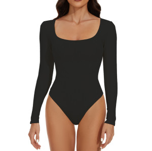 Solid Color Seamless Bodysuit OEM/ODM Contract Manufacturing | High-Stretch Square Neck Long Sleeve Butt-Lift Shapewear for Brands, Retailers & Sourcing Agents.DG0834
