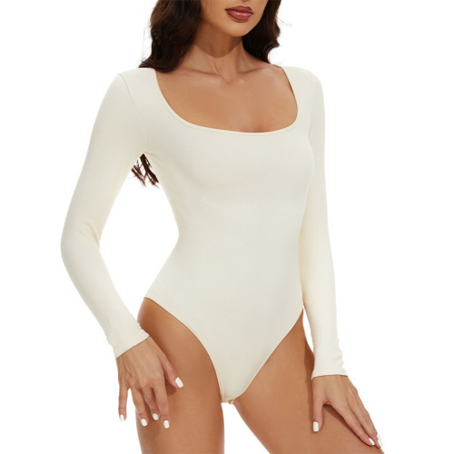 Solid Color Seamless Bodysuit OEM/ODM Contract Manufacturing | High-Stretch Square Neck Long Sleeve Butt-Lift Shapewear for Brands, Retailers & Sourcing Agents.DG0834