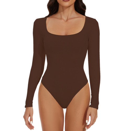 Solid Color Seamless Bodysuit OEM/ODM Contract Manufacturing | High-Stretch Square Neck Long Sleeve Butt-Lift Shapewear for Brands, Retailers & Sourcing Agents.DG0834