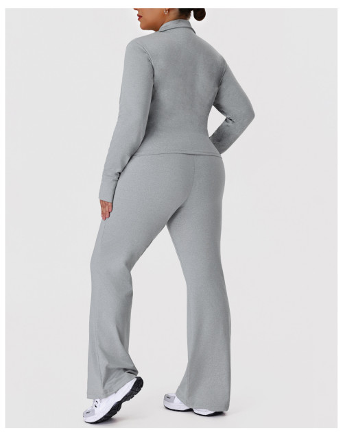 ODM Plus Size Activewear Set Supplier | Custom Butt-Lift High-Stretch Flared Pants & Stand Collar Jacket with Milk Silk FabricP02517