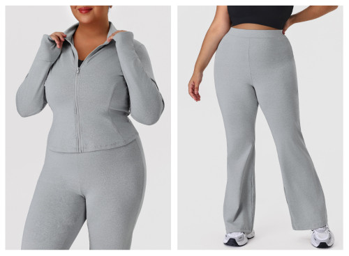 ODM Plus Size Activewear Set Supplier | Custom Butt-Lift High-Stretch Flared Pants & Stand Collar Jacket with Milk Silk FabricP02517
