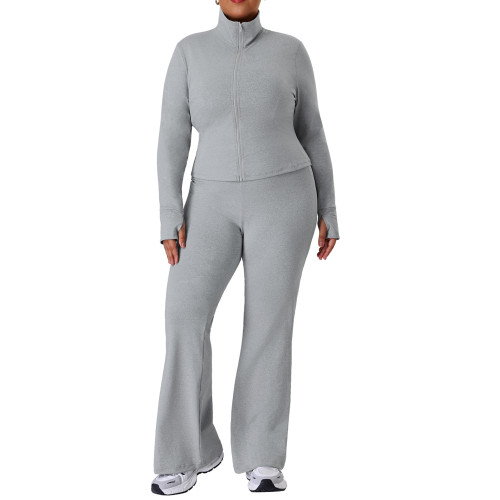 ODM Plus Size Activewear Set Supplier | Custom Butt-Lift High-Stretch Flared Pants & Stand Collar Jacket with Milk Silk FabricP02517
