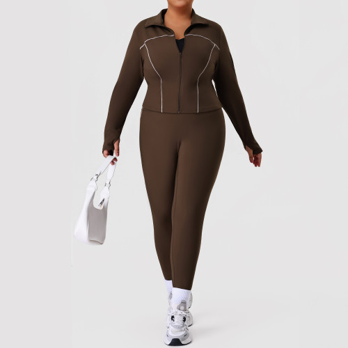 Activewear Manufacturer: Nude-Feel Yoga Set, Plus Size 2-Piece Zip-Up Jacket & Slim Fit Pants, OEM/ODM Wholesale Gym Wear Supply.P02520