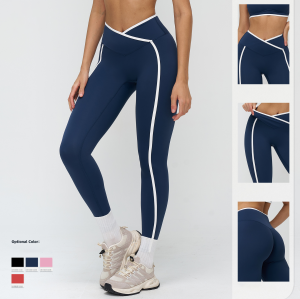 OEM & ODM Cross-Border Cross-Waist Head Yoga Pants for Women - Color-Contrasting Nude Tight Fitness Outfit for Outdoor Running & Sports - Perfect for Wholesale & Sourcing Agents - Model 9528