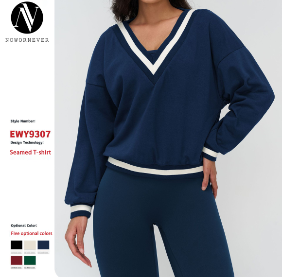 OEM & ODM Cross-Border Color-Matching Sports Sweatshirt for Women - V-Neck Casual Loose-Fit Long Sleeve Sportswear for Outdoor Activities & Running - Perfect for Wholesale & Sourcing Agents - Model 9307