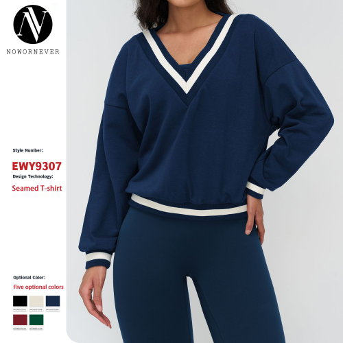 OEM & ODM Cross-Border Color-Matching Sports Sweatshirt for Women - V-Neck Casual Loose-Fit Long Sleeve Sportswear for Outdoor Activities & Running - Perfect for Wholesale & Sourcing Agents - Model 9307