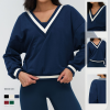 OEM & ODM Cross-Border Color-Matching Sports Sweatshirt for Women - V-Neck Casual Loose-Fit Long Sleeve Sportswear for Outdoor Activities & Running - Perfect for Wholesale & Sourcing Agents - Model 9307