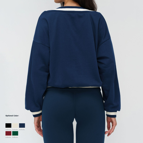 OEM & ODM Cross-Border Color-Matching Sports Sweatshirt for Women - V-Neck Casual Loose-Fit Long Sleeve Sportswear for Outdoor Activities & Running - Perfect for Wholesale & Sourcing Agents - Model 9307