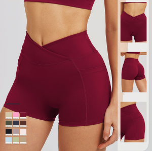 Cross-border sheer high-waisted yoga shorts with crossed waist, tight-fitting yoga pants for outdoor running, cycling, sports. 2030 model.