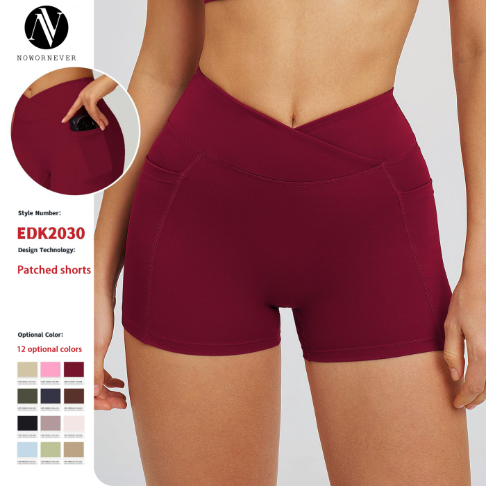Cross-border sheer high-waisted yoga shorts with crossed waist, tight-fitting yoga pants for outdoor running, cycling, sports. 2030 model.
