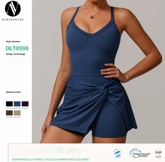 Wholesale 8998 Eco-Friendly Recycled Dress with Anti-Exposure Twisted Knot Skirt - Custom OEM/ODM Solutions | Fashionable Cross Hollow Out Backless Tennis Skirt for Sportswear Brands | Trusted Sourcing Agents