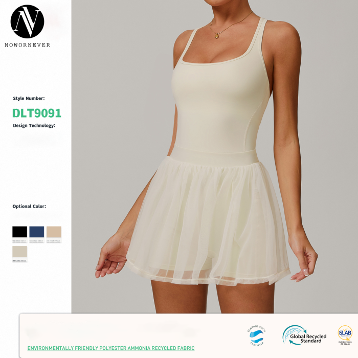 OEM & ODM 9091 2-in-1 Recycled Tennis Dress - Breathable Mesh Quick-Dry Anti-Exposure Sports Running Dress for Activewear Brands & Wholesalers