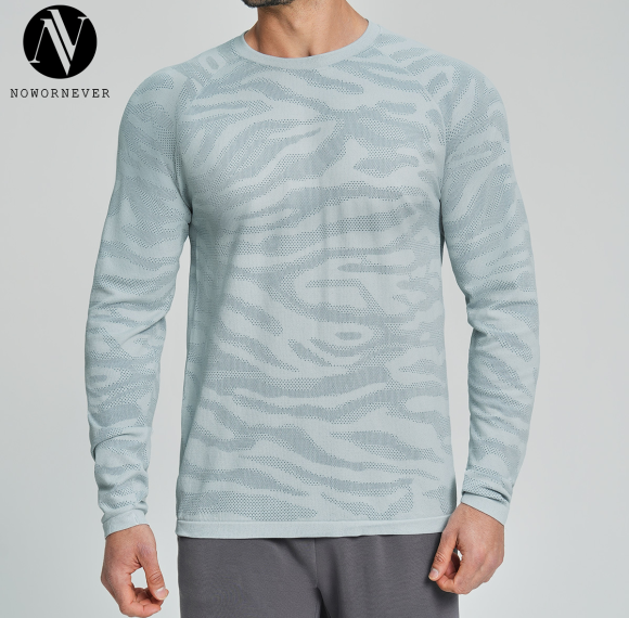 Cross-Border Men's Seamless Round Neck Jacquard Skin-Friendly Breathable Quick-Dry Sports Outdoor Fitness Home Casual Long Sleeve 1115