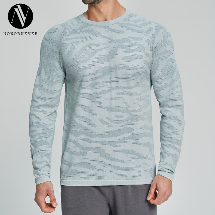 Cross-Border Men's Seamless Round Neck Jacquard Skin-Friendly Breathable Quick-Dry Sports Outdoor Fitness Home Casual Long Sleeve 1115