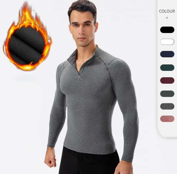 Men's Autumn/Winter Fleece-Lined Thermal Hoodie - Long Sleeve Compression Sports Running Shirt with Stand Collar | Custom OEM & ODM Solutions for Brands & Wholesalers11517