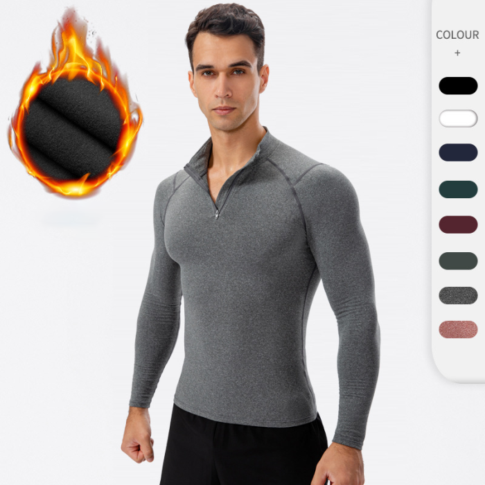 Men's Autumn/Winter Fleece-Lined Thermal Hoodie - Long Sleeve Compression Sports Running Shirt with Stand Collar | Custom OEM & ODM Solutions for Brands & Wholesalers11517