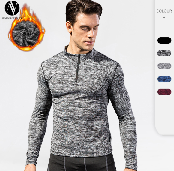 9005Customizable Winter Fleece-Lined PRO Men's Fitness Running Long Sleeve Hoodie - Amazon Quick-Dry Compression with Stand Collar - Perfect for OEM/ODM Partnerships - Supplying Activewear Brands & Wholesalers Globally