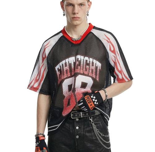 Jiezhan Menswear | OEM Flame Print Mesh Basketball Jersey - Short Sleeve 26 Summer Style | American Streetwear Raglan Sleeve T-Shirt for Wholesale & ODM Sourcing8486S26