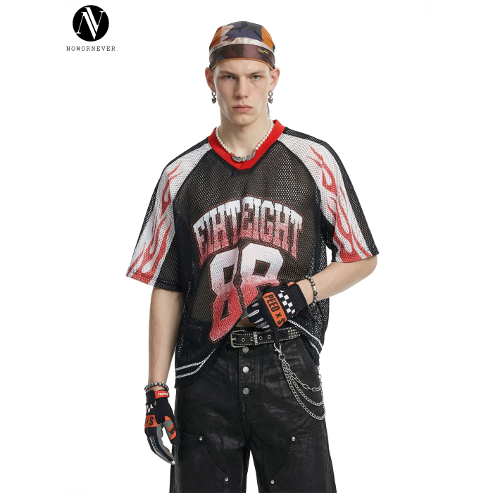 Jiezhan Menswear | OEM Flame Print Mesh Basketball Jersey - Short Sleeve 26 Summer Style | American Streetwear Raglan Sleeve T-Shirt for Wholesale & ODM Sourcing8486S26