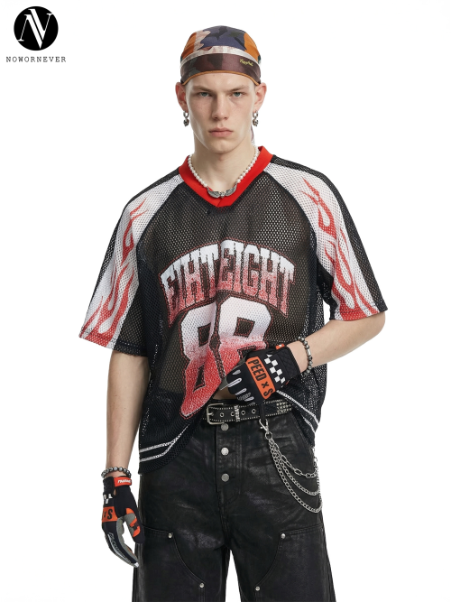 Jiezhan Menswear | OEM Flame Print Mesh Basketball Jersey - Short Sleeve 26 Summer Style | American Streetwear Raglan Sleeve T-Shirt for Wholesale & ODM Sourcing8486S26