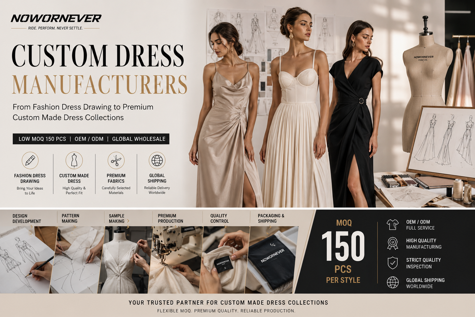 Custom Dress Manufacturers in 2026: How NOWORNEVER Transforms Fashion Dress Drawing Into Premium Custom Made Dress Collections