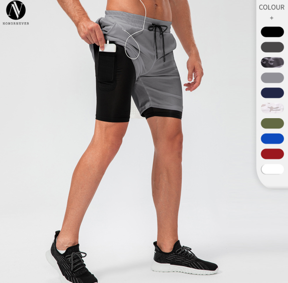 Men's Double Layer Fitness Shorts OEM/ODM/Wholesale Supplier | Quick-Dry Running Sports Pants Manufacturer with Earphone Hole for Brands & Importers | Custom ProductionD13014