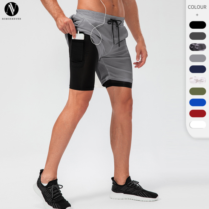Men's Double Layer Fitness Shorts OEM/ODM/Wholesale Supplier | Quick-Dry Running Sports Pants Manufacturer with Earphone Hole for Brands & Importers | Custom ProductionD13014